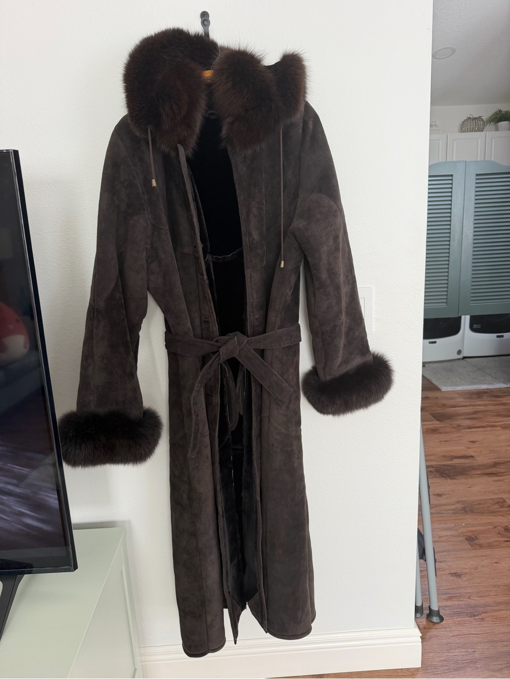 Long Dark Brown Suede Trench Coat with Faux Fur Trim
